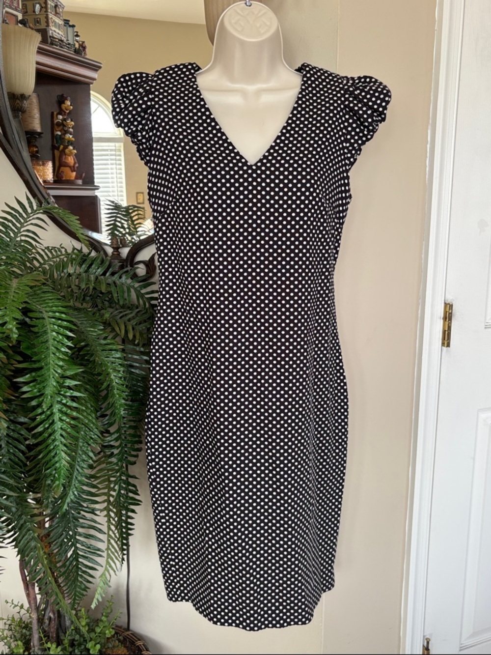 Calvin Klein Black & White Polka Dot V-Neck Midi Dress Fitted Office Tailored